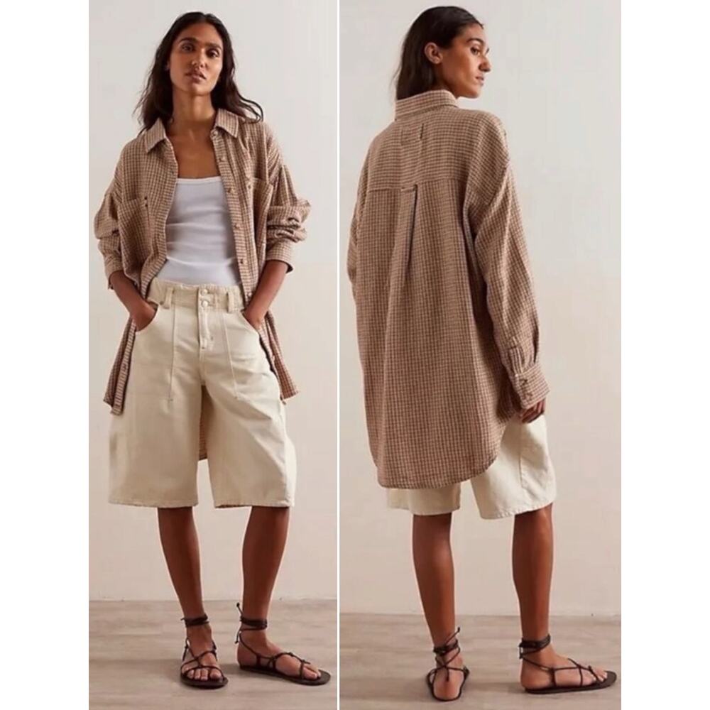 Free People Medium Freddie Menswear Oversized Shirt Jacket Shacket Neutral Plaid